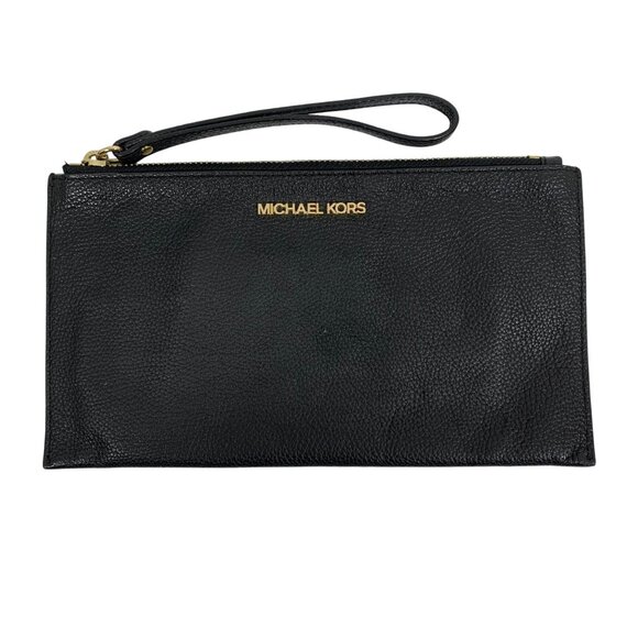 Michael Kors Jet Set Black Pebbled Leather Lrg Wristlet Zip Clutch 38S9XTTC3L - Picture 1 of 8